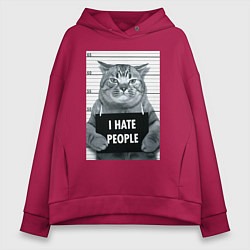 Толстовка оверсайз женская Кот преступник уголовник с табличкой, цвет: маджента
