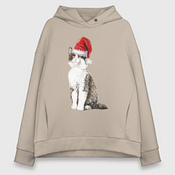Толстовка оверсайз женская Пятнистый кот в новогодней шапочке, цвет: миндальный