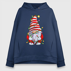 Толстовка оверсайз женская Новогодний гном с гирляндой, цвет: тёмно-синий