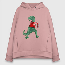 Толстовка оверсайз женская Динозавр в новогоднем свитере, цвет: пыльно-розовый