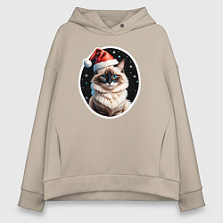 Толстовка оверсайз женская Кот породы Рэгдолл в новогодней шапке, цвет: миндальный