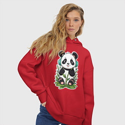 Толстовка оверсайз женская Медвежонок панды в наушниках, цвет: красный — фото 2