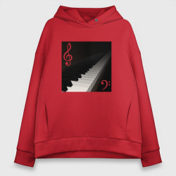 Толстовка оверсайз женская Скрипичный и басовый ключи с клавиатурой фортепиан, цвет: красный