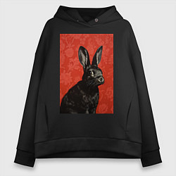 Толстовка оверсайз женская Черный кролик на красном фоне, цвет: черный