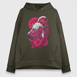 Толстовка оверсайз женская Медведь - самурай, цвет: хаки