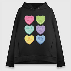 Толстовка оверсайз женская Стикеры сердечки с надписями, цвет: черный