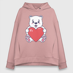 Толстовка оверсайз женская Белый медведь с сердцем, цвет: пыльно-розовый