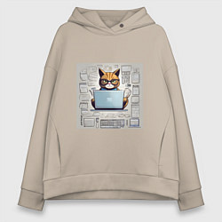 Толстовка оверсайз женская Кот программист за ноутбуком, цвет: миндальный