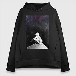 Толстовка оверсайз женская Ванпанчмен Сайтама на луне, цвет: черный