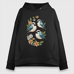 Толстовка оверсайз женская Три птицы на ветках в цветах, цвет: черный