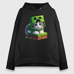 Толстовка оверсайз женская Kitten creeper collaboration - ai art, цвет: черный