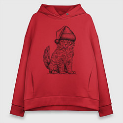 Толстовка оверсайз женская Новогодний котенок мейн-кун, цвет: красный
