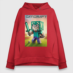 Толстовка оверсайз женская Котёнок Майнкрафт - коллаба нейросеть, цвет: красный