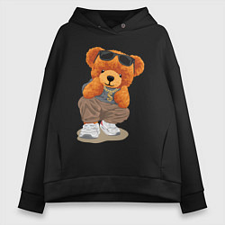 Толстовка оверсайз женская Плюшевый медведь в очках, цвет: черный