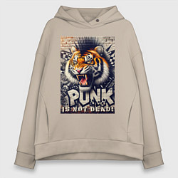 Толстовка оверсайз женская Cool tiger - punks not dead, цвет: миндальный