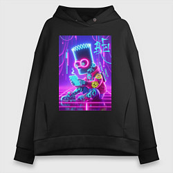 Толстовка оверсайз женская Кибер Барт Симпсон сидит в айпаде - неоновое свече, цвет: черный