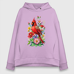Толстовка оверсайз женская Птица красный кардинал среди цветов, цвет: лаванда