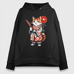 Толстовка оверсайз женская Кошечка в кимоно в японском стиле, цвет: черный