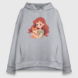 Толстовка оверсайз женская Девочка с рыжим котёнком, цвет: меланж