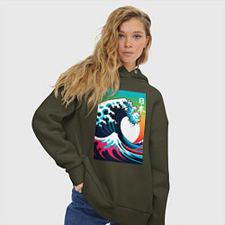 Толстовка оверсайз женская Japanese wave - ai art, цвет: хаки — фото 2