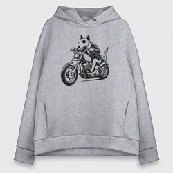 Толстовка оверсайз женская Бультерьер байкер на мотоцикле чоппере, цвет: меланж