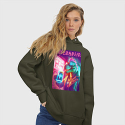Толстовка оверсайз женская Cool dude Dino with a mug of beer - ai art, цвет: хаки — фото 2