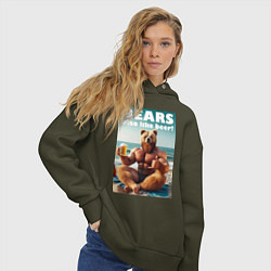 Толстовка оверсайз женская Медведи тоже любят пиво - слоган, цвет: хаки — фото 2