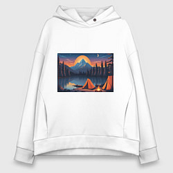 Толстовка оверсайз женская Палатка на берегу озера, цвет: белый