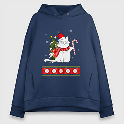 Толстовка оверсайз женская New year cat with candy, цвет: тёмно-синий