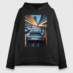 Толстовка оверсайз женская Porsche 911 в городе, цвет: черный