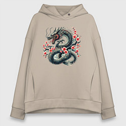 Толстовка оверсайз женская Japanese dragon and sakura - irezumi, цвет: миндальный