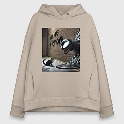 Толстовка оверсайз женская Cat and Symbiote - we are Venom meme, цвет: миндальный