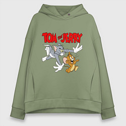 Толстовка оверсайз женская Том и Джерри - погоня, цвет: авокадо
