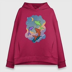 Толстовка оверсайз женская Рыбы, летающие в небе, цвет: маджента