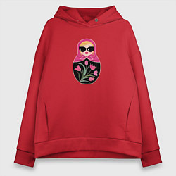 Толстовка оверсайз женская Матрёшка с розовыми тюльпанами, цвет: красный