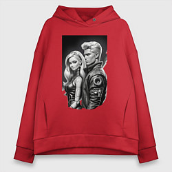 Толстовка оверсайз женская Барби и Кен - киберпанк эскиз, цвет: красный