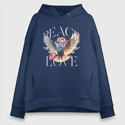 Толстовка оверсайз женская Peace and love и белые голуби, цвет: тёмно-синий
