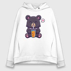 Толстовка оверсайз женская Мишка с напитком, цвет: белый