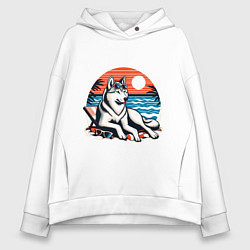 Толстовка оверсайз женская Хаски отдыхает на пляже, цвет: белый