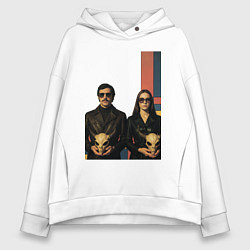 Толстовка оверсайз женская Мужчина и девушка с черепами пришельцев ретрофутур, цвет: белый