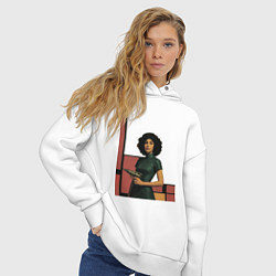 Толстовка оверсайз женская Ретрофутуризм девушка с бластером поп-арт 1970-е, цвет: белый — фото 2