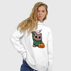 Толстовка оверсайз женская Котик с ножом и тыквой, цвет: белый — фото 2
