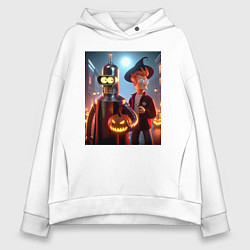 Толстовка оверсайз женская Бендер и Фрай в шляпе - ночь на хэллоуин, цвет: белый