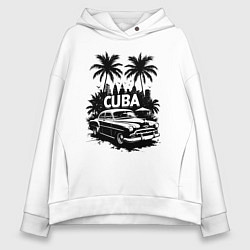 Толстовка оверсайз женская Ретро-Куба пальмы и автомобиль, цвет: белый
