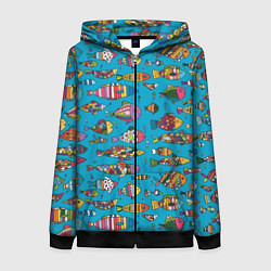 Толстовка на молнии женская Разноцветные рыбы, цвет: 3D-черный