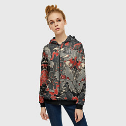 Толстовка на молнии женская Самурай Якудза, драконы, цвет: 3D-черный — фото 2