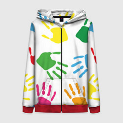 Толстовка на молнии женская Цветные ладошки - Детский узор, цвет: 3D-красный