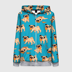 Толстовка на молнии женская Мопсы с пиццей, цвет: 3D-меланж