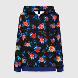 Толстовка на молнии женская Яркие розы на черном фоне, цвет: 3D-синий