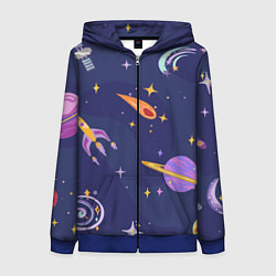 Толстовка на молнии женская Космический дизайн с планетами, звёздами и ракетам, цвет: 3D-синий